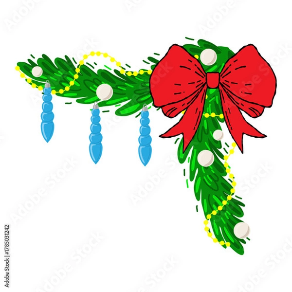 Obraz Christmas corner garland with pine branches, red bow, icicles, white baubles, and yellow beads. Festive vector for winter borders, cards, invitations, headers, party decor, website design