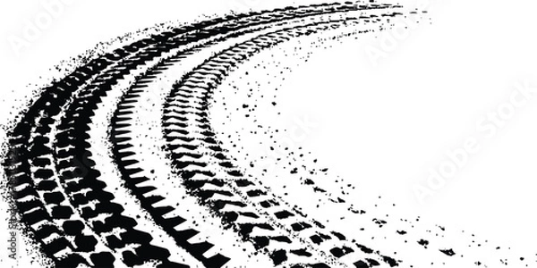 Fototapeta Black tire tracks isolated on white background. Black tire tracks on white, grunge texture, dirt splashes, vector background,