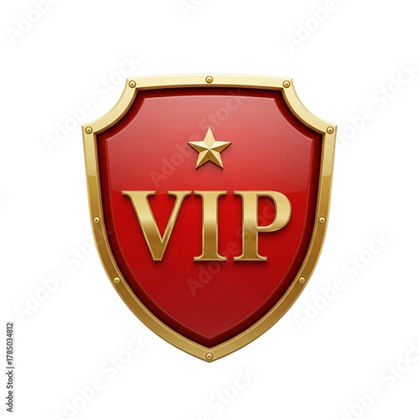 Fototapeta Elegant red and gold shield emblem with vip text and star isolated on transparent background
