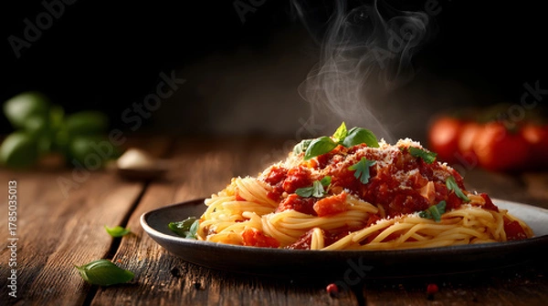 Obraz Steaming hot spaghetti with tomato sauce basil and cheese served on wooden table for National Spaghetti Day
