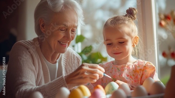 Fototapeta Grandmother and granddaughter joyfully painting Easter eggs by the window with natural light
