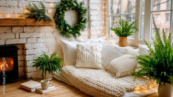 Fototapeta Cozy winter retreat with fireplace, soft cushions, and lush ferns for a relaxing holiday season, perfect for creating a warm and inviting home ambiance