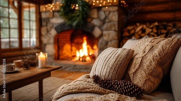 Fototapeta Cozy winter evening by the fireplace with a warm blanket and rustic charm, ideal for holiday promotions and heartfelt seasonal greetings and lifestyle content