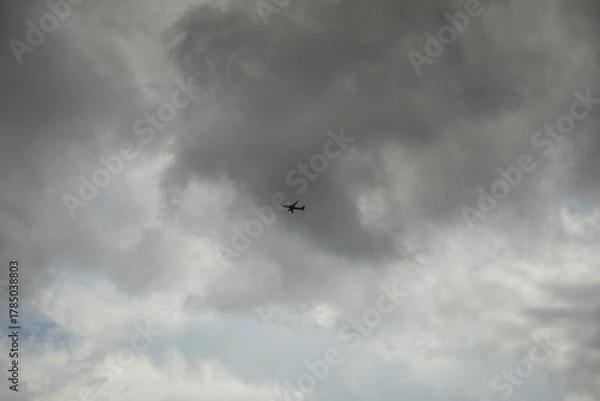 Fototapeta An airplane in the sky. An airplane against gray clouds.