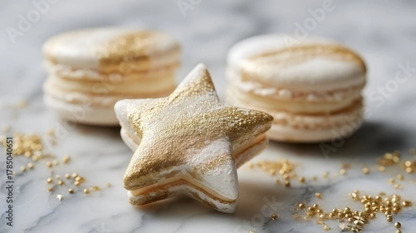 Obraz Star shaped macaron with gold dust on marble surface
