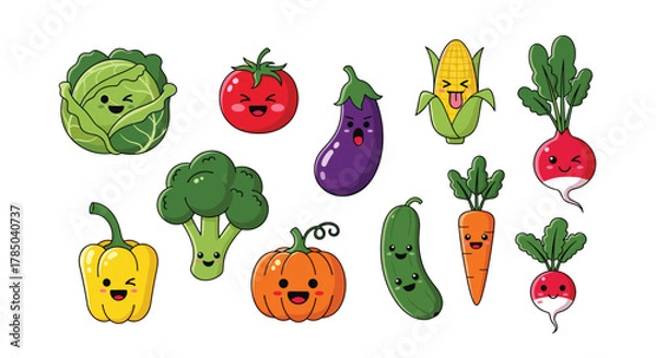Fototapeta A charming collection of pixel art vegetables with expressive faces.