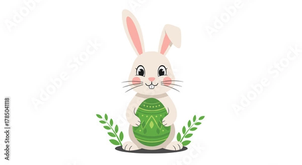 Obraz A charming bunny holding a decorated green egg surrounded by sprigs of greenery representing spring and Easter celebrations.