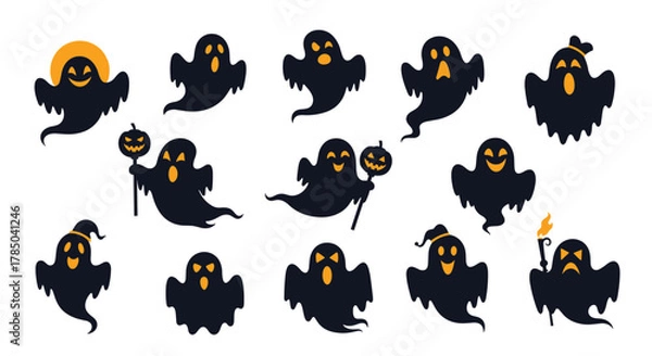 Obraz A collection of cute and spooky ghost illustrations perfect for Halloween decorations and designs.