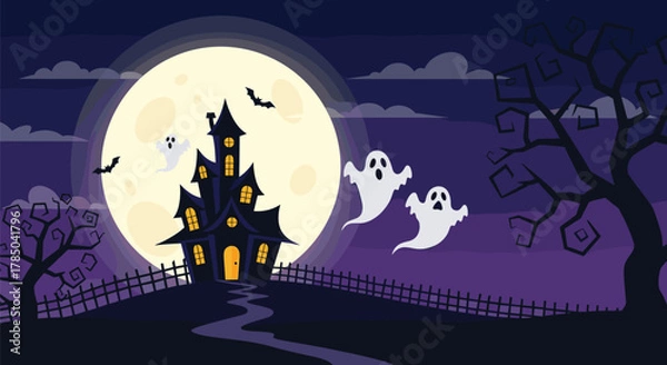 Fototapeta Spooky haunted mansion under a giant full moon with flying ghosts.