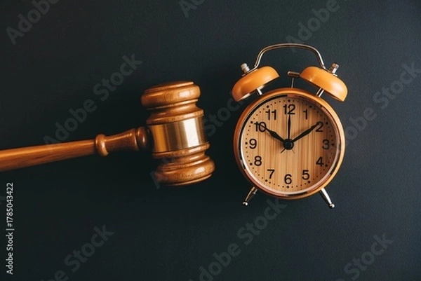 Obraz Legal deadlines and time constraints: a gavel and clock on a dark background