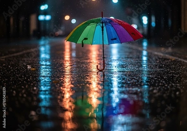 Obraz Rainy day, a colorful umbrella shields from droplets, creating vibrant reflections on a glistening pavement. Serene urban atmosphere ,atmosphere ,abstract ,autumn