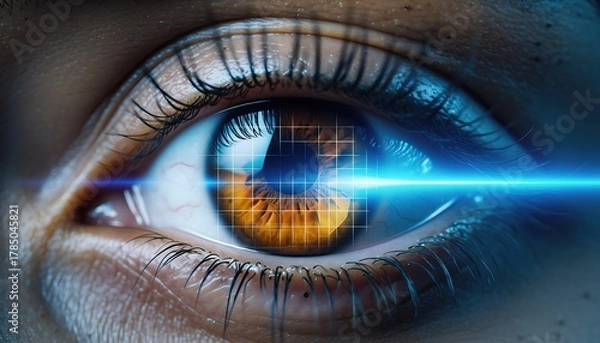 Fototapeta Extreme close-up of human eye with diverse iris pattern being scanned by blue laser light for biometric identification, futuristic security technology