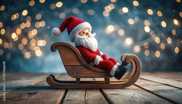 Fototapeta Charming knitted Santa Claus figure riding wooden sleigh on rustic wooden surface against warm bokeh light background, Christmas decoration