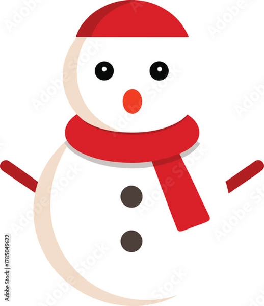 Fototapeta white snowman with red scarf and carrot nose