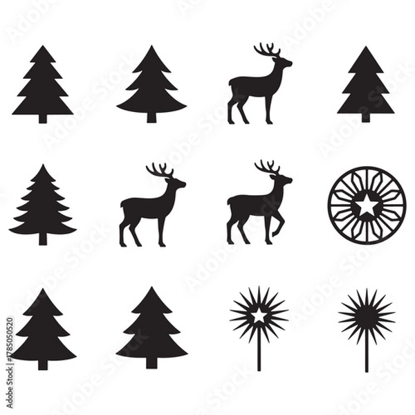 Fototapeta Christmas Tree and Reindeer Silhouette Vector Set: Festive Pine and Deer Cutout Graphics