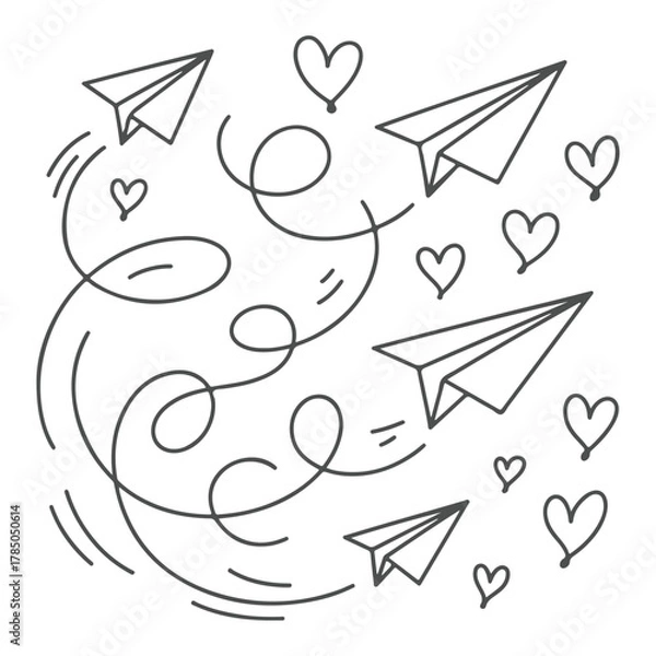 Fototapeta Playful hand drawn paper planes with swirling hearts