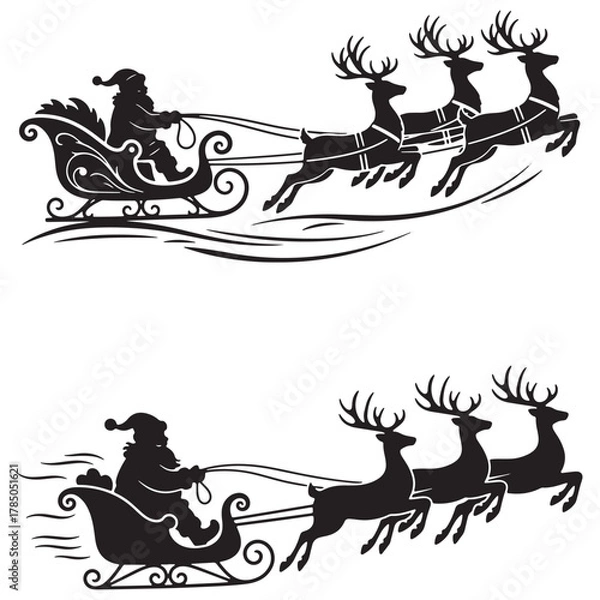Fototapeta Santa Claus and Reindeer Sleigh Silhouette Vector Set: Flying Sleigh Christmas Cutout Graphic