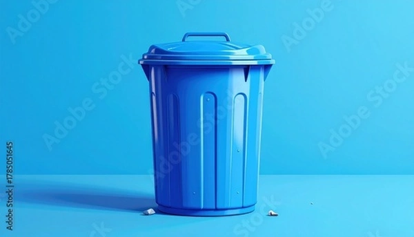 Obraz Blue plastic trash can with lid and wheels on smooth blue surface surrounded by scattered debris for editorial urban photography minimal decor and poetic utility-themed visuals
