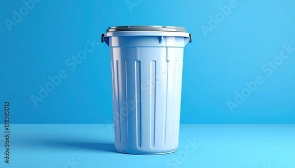 Obraz Blue plastic trash can with lid and wheels on smooth blue surface surrounded by scattered debris for editorial urban photography minimal decor and poetic utility-themed visuals