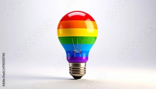 Obraz Rainbow-striped light bulb in LGBTQ+ pride colors glowing against dark background for editorial advocacy photography inclusive decor and poetic illumination-themed visuals