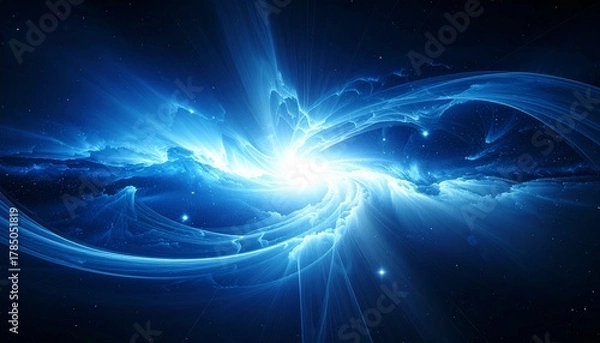 Obraz Abstract cosmic energy burst with glowing blue center and swirling plasma patterns on dark background for editorial science photography theoretical decor and poetic infinity-themed visuals