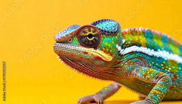 Obraz Colorful chameleon with vivid skin patterns and focused eye against bright yellow background for editorial wildlife photography nature decor and poetic adaptation-themed visuals