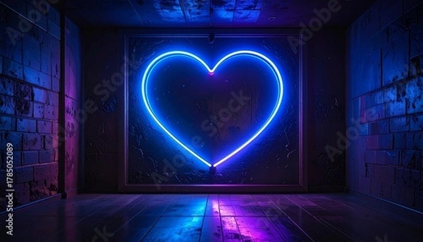 Obraz Blue neon heart glowing on dark textured wall with soft reflections for editorial lifestyle photography modern decor and poetic connection-themed visuals