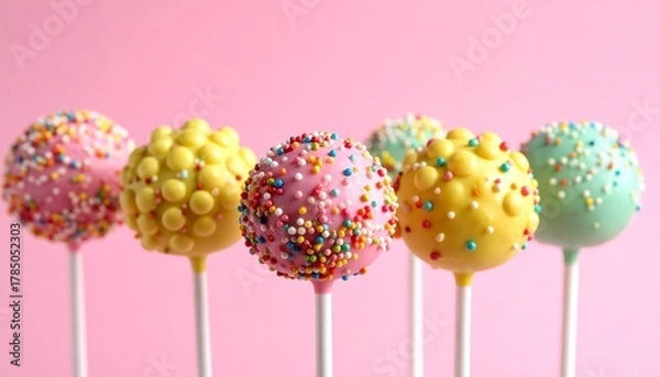 Obraz Colorful cake pops with icing and sprinkles arranged in row against bright blue background for editorial dessert photography celebration decor and poetic indulgence-themed visuals