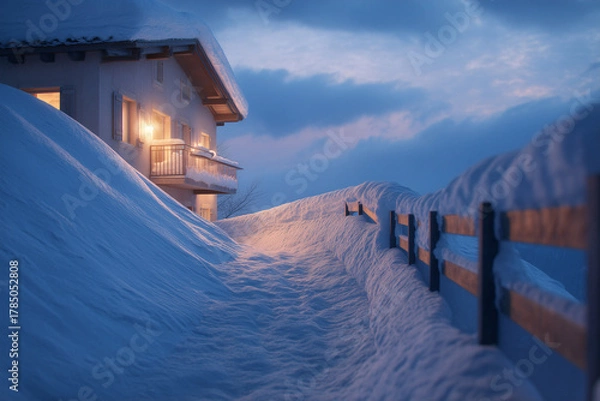 Obraz Alpine Apartment Terraces After Rime Ice With Avalanche Fences On Ridge, Blue Hour Warm Windows, Eye-Level Winter Residential Scene
