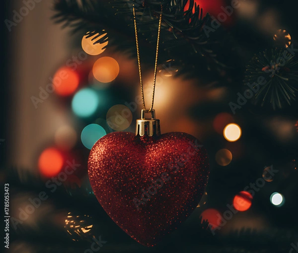 Fototapeta Beautiful sparkling Christmas ornament shining brightly on festive holiday tree