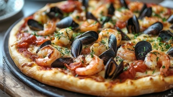 Fototapeta Seafood pizza featuring shrimp and mussels, garnished with fresh herbs, presented on a wooden platter, highlighting vibrant colors and inviting textures for food lovers