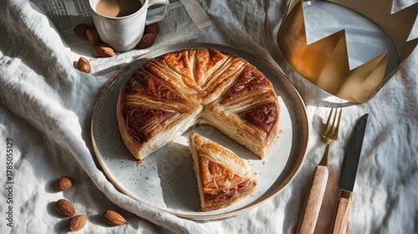 Fototapeta Galette des Rois Slice Showing Frangipane Filling and Hidden Charm for Epiphany