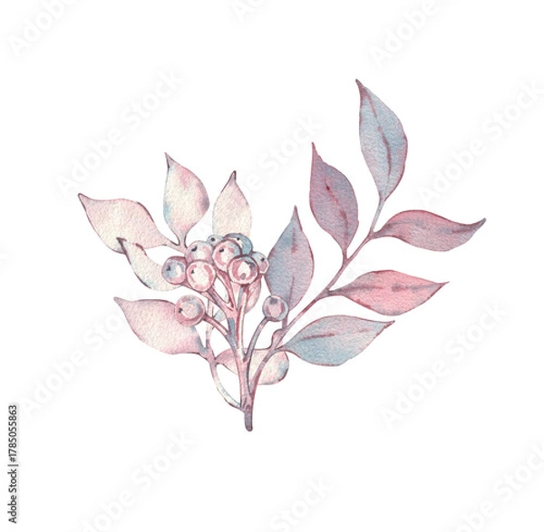 Fototapeta A watercolor composition with pink and purple twigs and berries. Hand-drawn illustration for life and design. Pink, blue, and purple hues in the twigs and leaves, purple berries. A bouquet of leaves.