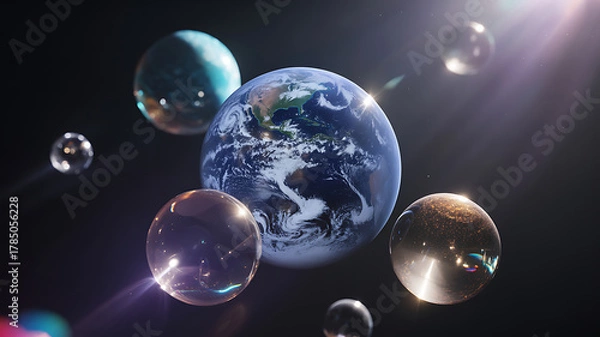 Fototapeta Diverse universe filled with various planet sizes and shapes floating among dark space with lens flare effect
