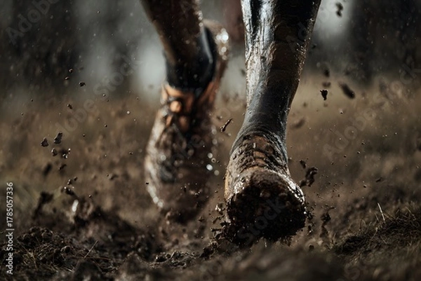 Obraz Mud splashing around trail runner’s shoes