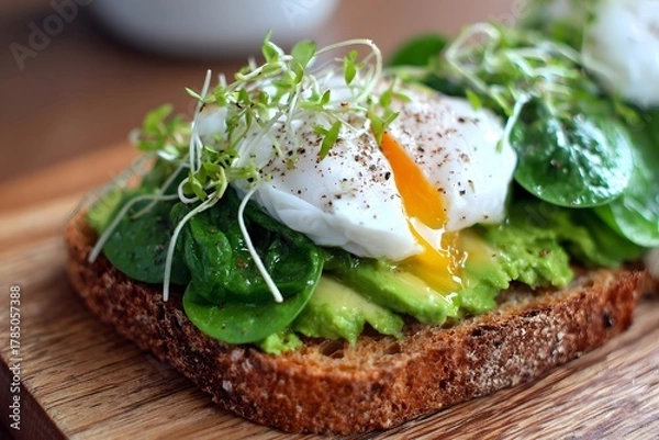 Fototapeta Healthy avocado toast with egg and spinach