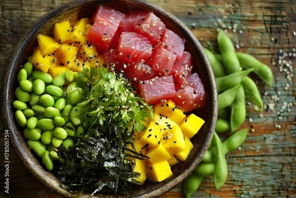 Fototapeta Colorful poke bowl with tuna, mango and edamame