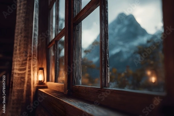 Fototapeta Wooden cabin window with snowy mountain reflection and warm light