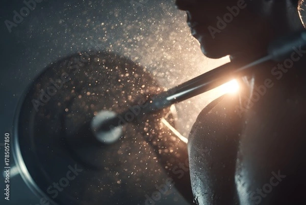 Fototapeta Bodybuilder training with barbell and sweat particles
