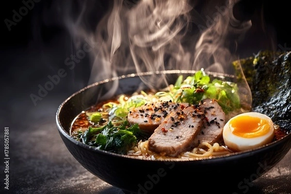 Fototapeta Steaming spicy ramen bowl with pork and egg