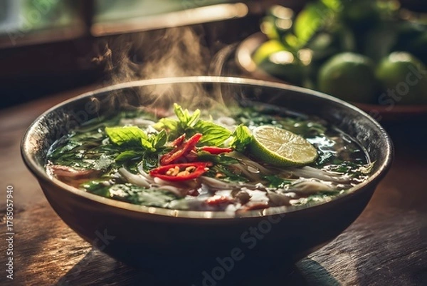 Fototapeta Vietnamese pho with herbs and lime slices