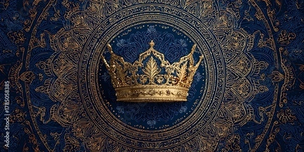 Obraz Luxurious Royal Gold Crown Centered on Intricate Blue Mandala Pattern