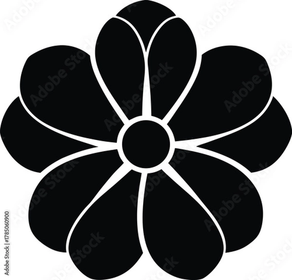 Fototapeta Simple black fivepetal flower shape with rounded petals isolated on white background