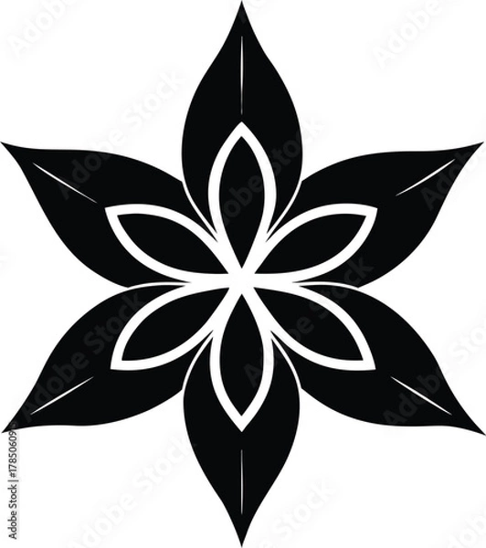 Fototapeta Stylized black sixpetal flower shape with pointed leaves isolated on white background