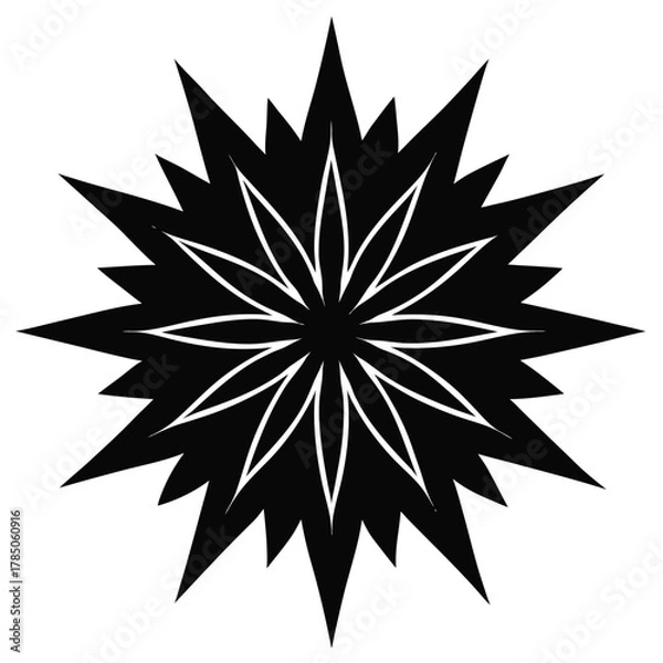 Fototapeta Abstract black starburst flower shape with sharp points isolated on white background