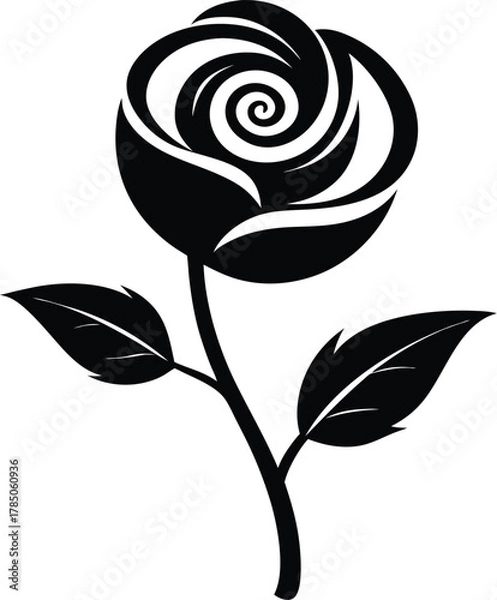 Fototapeta Black silhouette of a rose with stem and leaves, isolated on white background