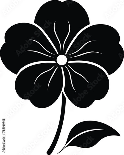 Fototapeta Black silhouette of a five petal flower with stem and leaf, isolated on white background