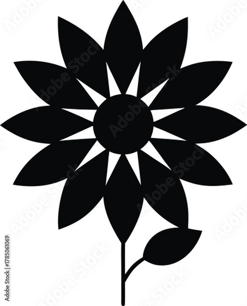 Fototapeta Black silhouette of a sunflower with a stem and two leaves isolated on white background