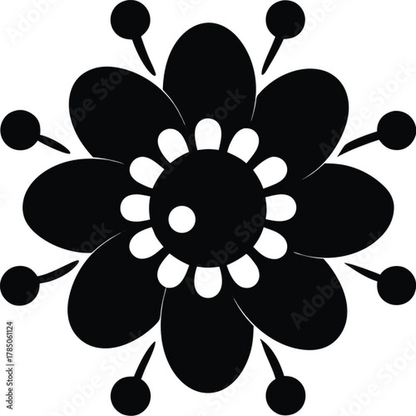 Fototapeta Black stylized flower with petals and dots isolated on white background