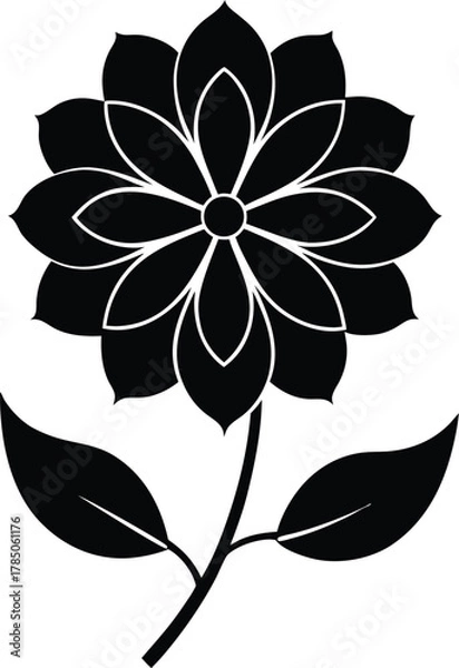 Fototapeta Black silhouette of a stylized flower with multiple petals and two leaves, isolated on white background